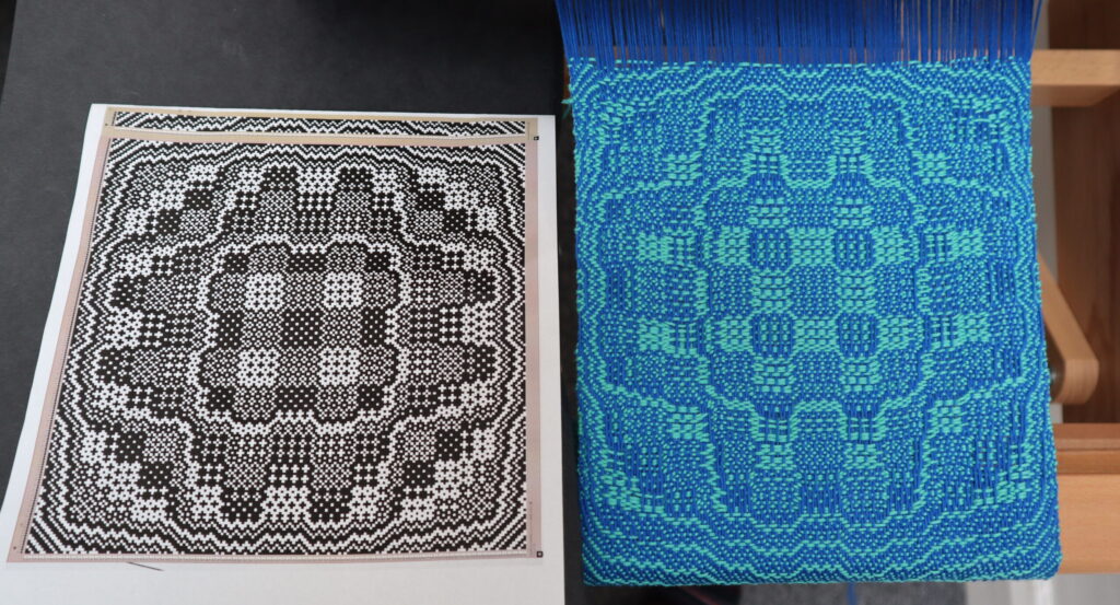 A binary (black and white) grid of a weaving draft on the left, and a weave following it on the right, in blue and peppermint yarn.